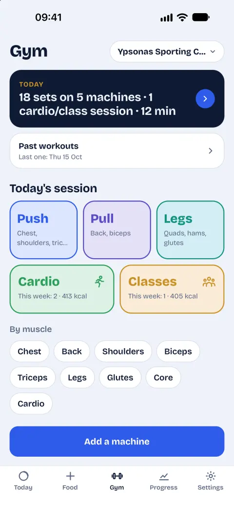 The Gym tab with today’s session and Push, Pull, Legs, Cardio and Classes cards